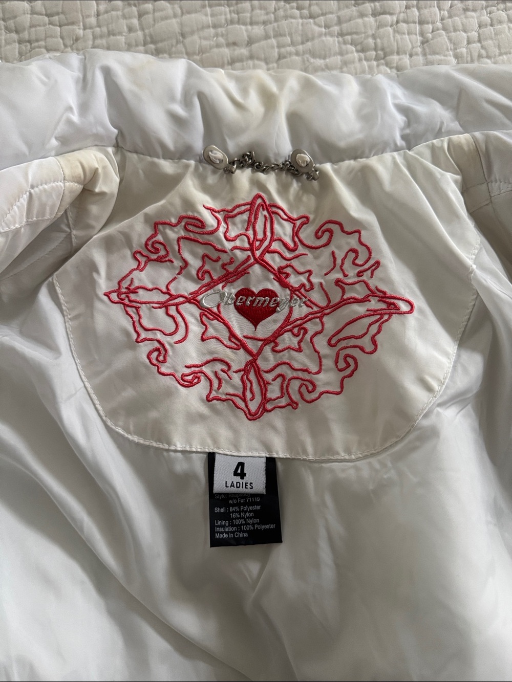 Obermeyer White Ski Jacket with Red Embroidered Heart Detail